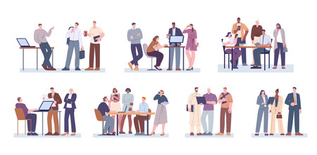 Working people discussing office and business meeting. Workspace and man negotiation, corporate work process. Manager on workplace kicky vector characters of office business people illustrationのイラスト素材