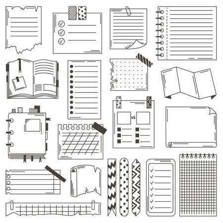 Paper notes doodle set. Sketching diary or planner elements. Journal sheets, planner decorative stickers. To do list with tapes, neoteric vector decor kit of doodle sketch notebookのイラスト素材
