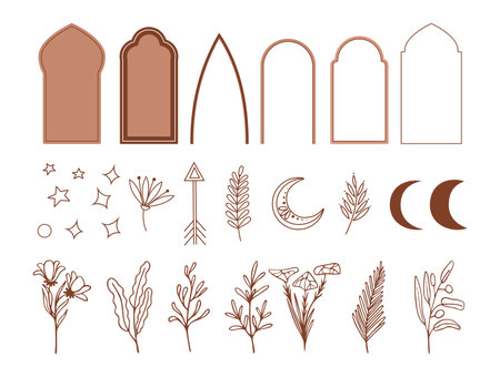 Celestial line elements design. Boho style graphic, magic contemporary objects. Moon, stars and arch, doodle vector botanical floral branches. Illustration of boho sacred alchemyのイラスト素材