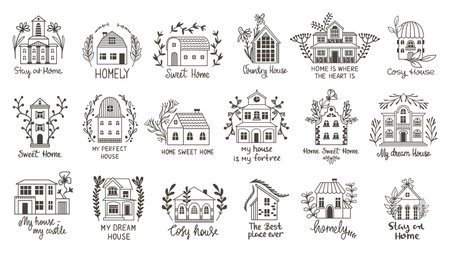 Doodle homes graphic logo. Cottage vintage style with plants, tiny hand drawn houses. Village buildings, architecture nature elements. Neoteric vector home or house doodle architecture illustrationのイラスト素材