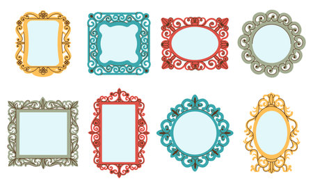 Decorative mirrors in vintage ornate royal frames. Wall mirror for interior design, colorful doodle reflection elements. Decent vector fashion vector set of border ornate vintage mirror illustrationのイラスト素材