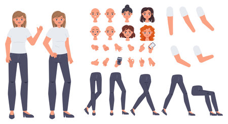 Cartoon girl character creation constructor. Cute blonde woman, legs and hands animation kit. Emotional teenager posing, snugly body parts vector set of character girl cartoon animation illustrationのイラスト素材