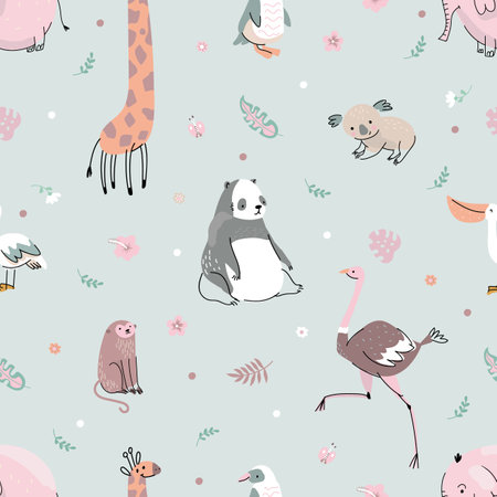 Cartoon flat jungle animal print. Animals wild africa safari, zoo characters childish seamless pattern. Nowaday textile with panda and giraffe vector design of animal jungle cartoon illustrationのイラスト素材