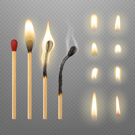 Realistic fire match stick burning step by step. Flame matches, burned wooden stick and coal. Isolated real burn wick, flames pithy vector set of fire light isolated illustrationのイラスト素材