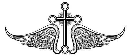 Gothic cross badge. Winged emblem black engraving isolated on white backgroundのイラスト素材