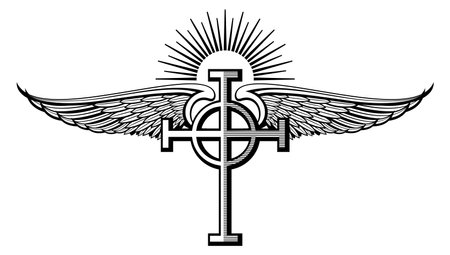 Holy cross winged emblem. Heaven symbol engraving isolated on white backgroundのイラスト素材