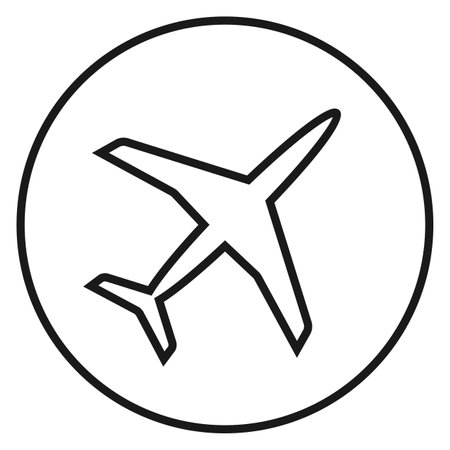Airplane icon. Round linear symbol. Airport sign isolated on white backgroundのイラスト素材
