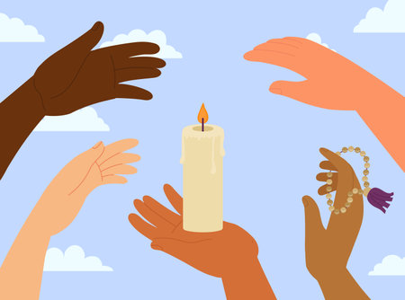Hands saving holy fire from wind. Hand hold wax candle with flame, international support and saving. People together vector metaphor, memory and relationship. Illustration of support flame of candleのイラスト素材