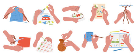 Handmade workshop, craft and embroidery process. Human hands create and painting, drawing workshop. Art hobby, diy and sewing decent vector set of craft workshop handmade illustrationのイラスト素材
