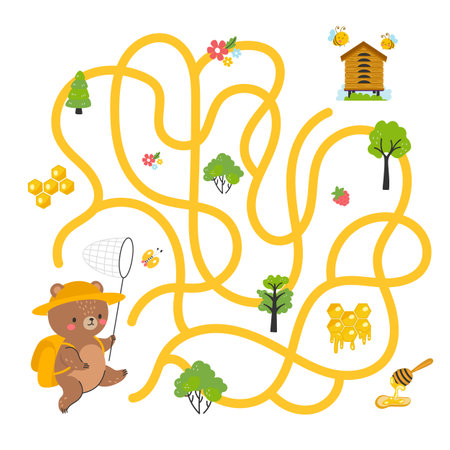 Children maze game, kids labyrinth. Path finding graphic art for kid play. Forest cartoon bear find ways to honey. Child magazine nowaday vector page of game labyrinth and mazeのイラスト素材