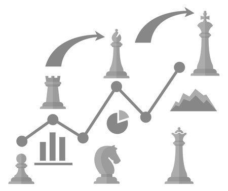 Strategy concept. Chess figure and chart infographic elements isolated on white backgroundのイラスト素材