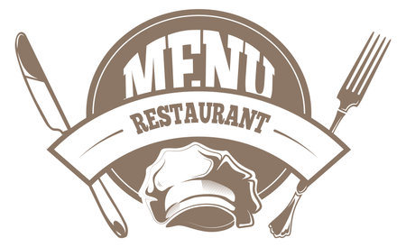 Restaraunt menu emblem in retro style. Monochrome label isolated on white backgroundのイラスト素材