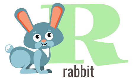 R letter card. Cartoon rabbit alphabet word isolated on white backgroundのイラスト素材