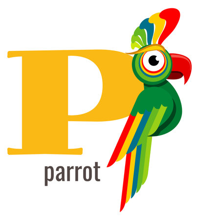 P letter symbol. Parrot card. Alphabet word isolated on white backgroundのイラスト素材