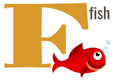 F letter icon. Fish on cartoon alphabet card isolated on white backgroundのイラスト素材