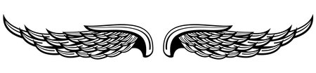 Winged emblem. Feathers label. Black ink drawing isolated on white background