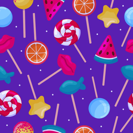 Lollipops seamless pattern, sweet lollipop candies on stick. Dessert food background, christmas, birthday children texture, neoteric vector fabric. Illustration of lollipop candy pattern backgroundのイラスト素材