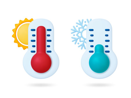 Meteorology 3d thermometer, control weather degree. Heat and cold day, high low temperature signs with sun and snowflake, pithy vector elements. Illustration of instrument degree and measurementのイラスト素材