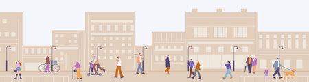People walking on city street. Urban landscape with citizens, couple children and adults walk. Neighborhood, modern town slow life vector concept of street urban city illustrationのイラスト素材