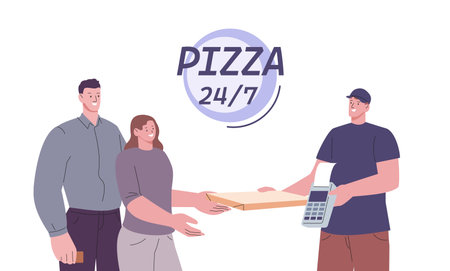 Pizza delivery around clock. Yummy fast food young happy couple, online or card payment. Vector courier and customers, cafe, restaurant pizzeria take away service. Illustration of delivery food pizzaのイラスト素材