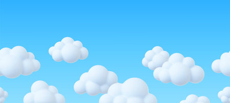 Clouds in blue sky, 3d white cloud seamless banner. Fluffy bubbles, spring summer seasonal cloudy weather. Decorative rendering vector background of cloud sky illustrationのイラスト素材
