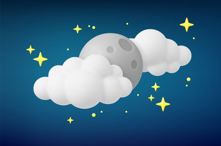 Night 3d moon in clouds and stars. Realistic plasticine sky and planet, yellow star and cloud. Dreaming composition, vector starry concept of night 3d sky illustrationのイラスト素材