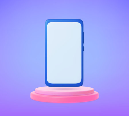 Smartphone 3d on podium mockup. Empty 3d screen phone, digital smart technology realistic element. Modern vector render, round stand and mobile phone on podium mockup illustrationのイラスト素材
