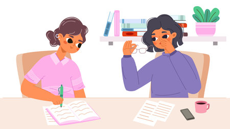 Teacher and student. Study at home, tutor teaching young girl teenager. Tired mother and daughter doing school homework, vector education concept of education student with teacher illustrationのイラスト素材