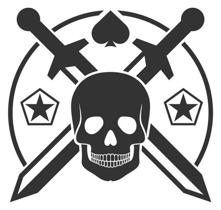 Black skull with crossed logo. Fighter round logo isolated on white backgroundのイラスト素材