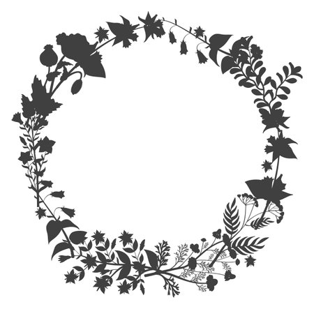 Botanical silhouettes frame. Round herb black wreath isolated on white backgroundのイラスト素材