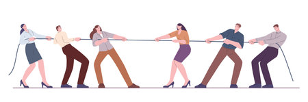 Office teams pulling rope. Competing business groups, people social conflicts. Corporate competition, person in suit pull tug kicky vector concept of competition team rivalry illustrationのイラスト素材