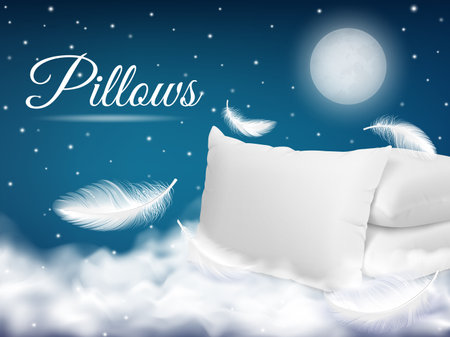 Realistic soft pillow sweet dream poster. White pillows and flying feathers in night sky with clouds. Pithy vector bed relaxing, sleep ad banner of realistic soft cushion and pillow illustrationのイラスト素材