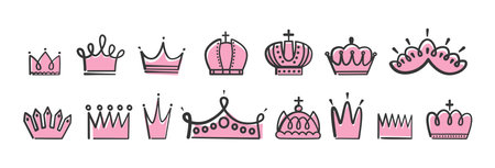 Hand drawn princess queen crowns. Doodle crown pink and black. Isolated king, royal design elements. Cute for little girl vector stickers of princess crown of queen illustrationのイラスト素材