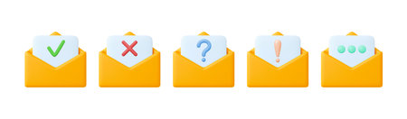 Email 3d letters yellow envelopes icon. Office messages in letter, plastiline envelope with paper sheet. Question and exclamation, approved and reject vector signs. Illustration of mail message letterのイラスト素材