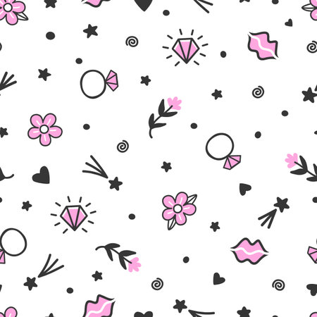 Fashion seamless pattern with diamonds, flowers, rings and stars. Cute girly background, stylish doodle fabric print. Simple vector decorative texture of pattern seamless background illustrationのイラスト素材
