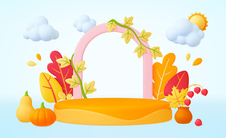 Autumn 3d background. Fall leaves, pumpkin and seasonal plants. Leaf and 3d empty platform podium, arch nature decorative. Thanksgiving pithy vector template of season autumn and pumpkin illustrationのイラスト素材