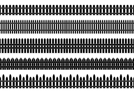 Fences seamless pattern. Black fence silhouettes designs, flat yard fencing for protection. Guard self private property of homes, vector wall stickers of seamless silhouette pattern for securityのイラスト素材