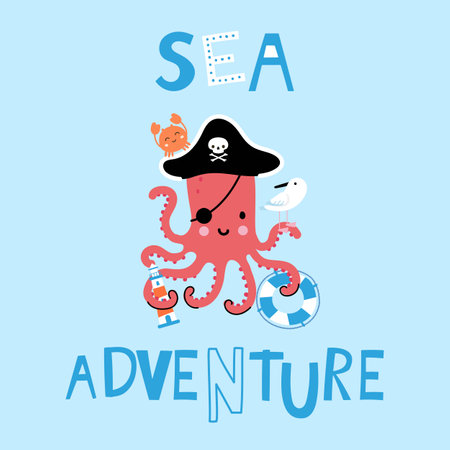 Sea adventure children print or card with cute cartoon octopus pirate, seagull and lighthouse. Kids decorative nautical design, vector graphic characters captain marine mascotのイラスト素材