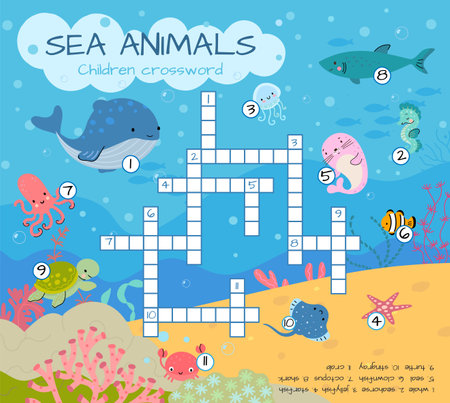 Children crossword sea animals. Colorful underwater animal puzzle game for kids. English words quiz with turtle octopus jellyfish, vector. Illustration of crossword puzzle, underwater ocean cartoonのイラスト素材