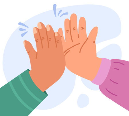 High five salute concept. Friends hands union, friendship or work colleagues hello. Palms clap each other, team or buddy snugly gesture, vector scene. Illustration of high five handのイラスト素材