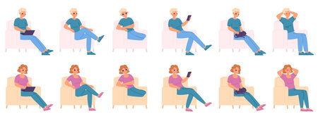 Boy and girl sitting in chair various poses. Teenagers dream, sleep and rest, using smartphone or working laptop. People relax at home snugly vector set of girl, and boy sitting at chair illustrationのイラスト素材