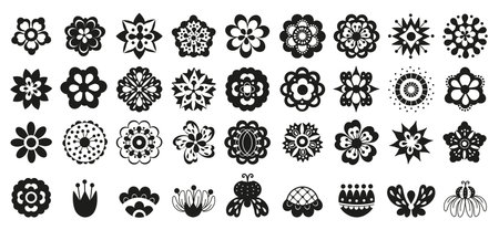 Black flowers icons. Isolated flower symbol, daisy pictogram. Beauty abstract chamomile, nature with petal. Minimal nowaday vector silhouettes. Illustration of daisy black flower, blossom summerのイラスト素材