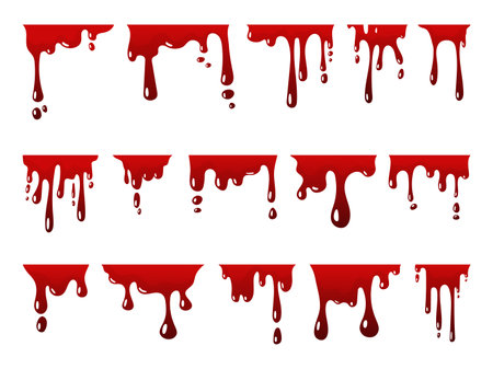 Red dripping blood. Flowing paint, splatter and trickle liquid elements. Ink drops, scary halloween flows borders. Cartoon neoteric stains vector set of red blood drip and liquid illustrationのイラスト素材