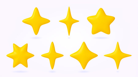 Yellow stars 3d icons, business star achiever symbol. Mobile service review feedback elements. Rendering high quality, rating, premium and win pithy vector set of review gold star quality illustrationのイラスト素材