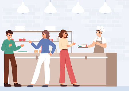 People in cafe choose dishes. Canteen or self restaurant, waiting line to waiter and cashier. Students lunch, young adults eating, vector scene of restaurant illustrationのイラスト素材