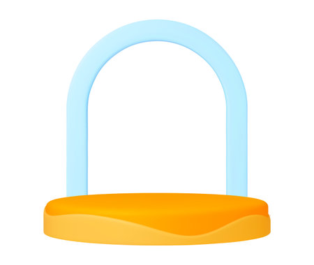 Arch and podium 3d design. Decorative empty pedestal, ad plasticine 3d realistic render element. Photo zone, isolated modern stand vector template of podium arch stage, showcase backdrop illustrationのイラスト素材