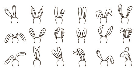 Doodle rabbit ears. Tiny sketch bunny various ear, black easter decorations. Abstract fun decorative elements, isolated play neoteric vector set of linear rabbit or bunny illustrationのイラスト素材