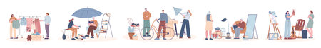 Flea market, retail designer bazaar scenes. Garage sale, people selling good used item, books and furniture, stylish clothes. Second hand kicky vector concept of retail sale market illustrationのイラスト素材