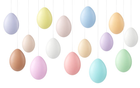 Realistic easter eggs banner, celebration greeting poster with colorful pastel egg. Hang on ropes objects, 3d decorative abstract spring pithy vector decor of egg easter banner decoration illustrationのイラスト素材
