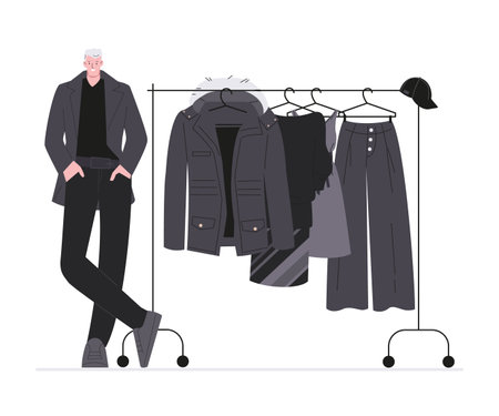 Black fashion collection. Happy man designer and clothes, dress, pants, jacket. Isolated cartoon stylish male vector character, tailor or couturie near clothing apparel illustrationのイラスト素材